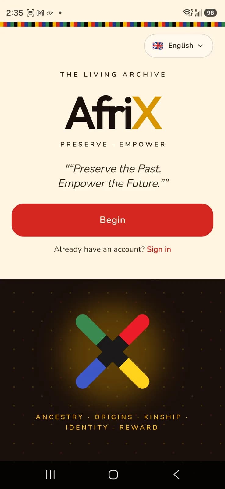 The AfriX app — the Living Archive home screen