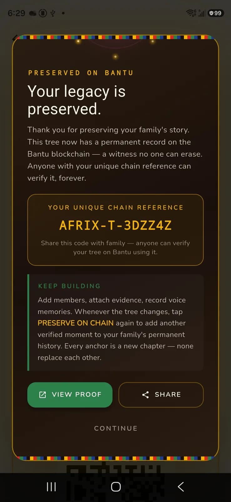 AfriX confirming a family tree is preserved on Bantu with a unique chain reference
