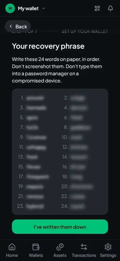 ECOPay recovery-phrase setup with a 24-word backup