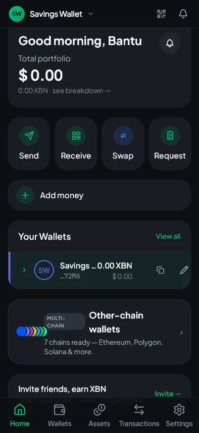 ECOPay home — portfolio, quick actions, and other-chain wallets