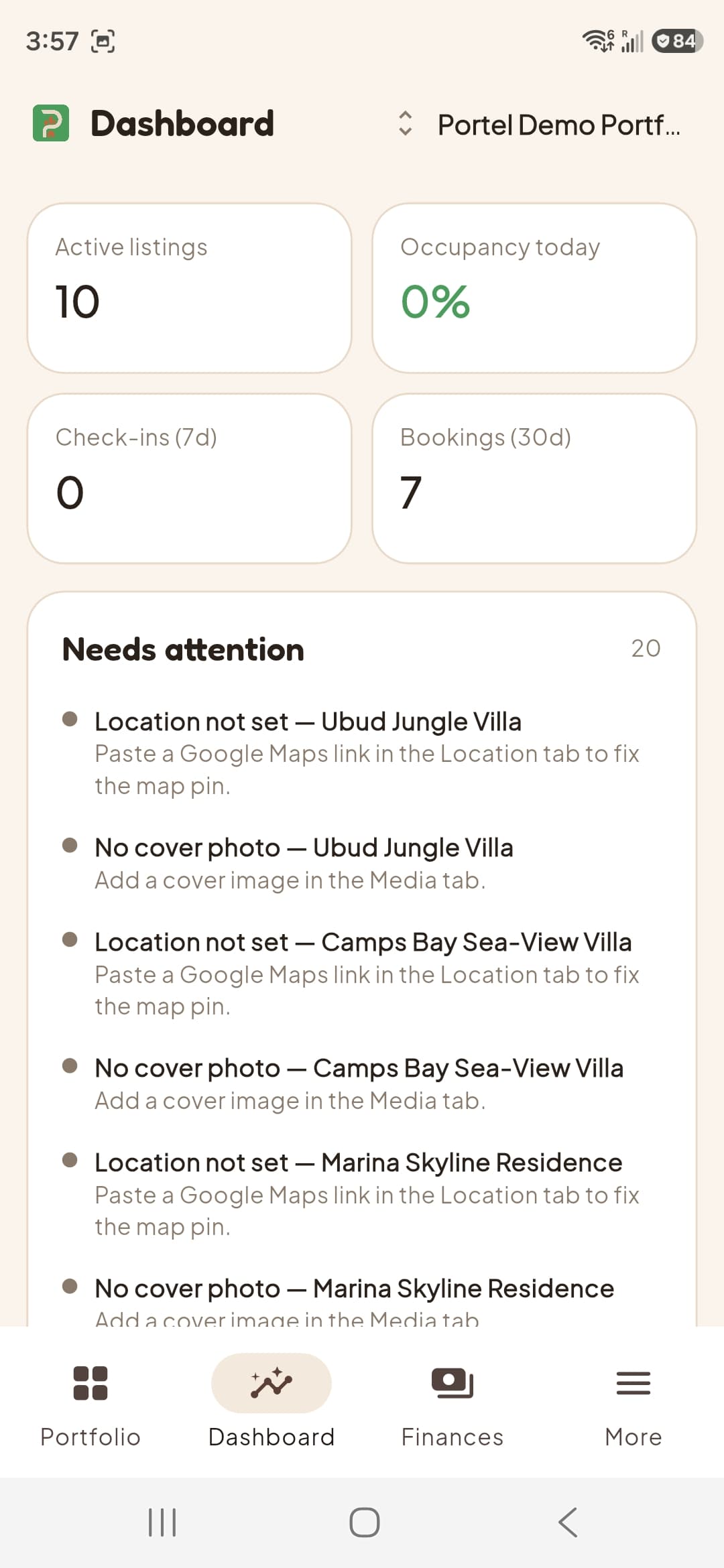 Portel Dashboard — active listings, occupancy, check-ins, and bookings at a glance