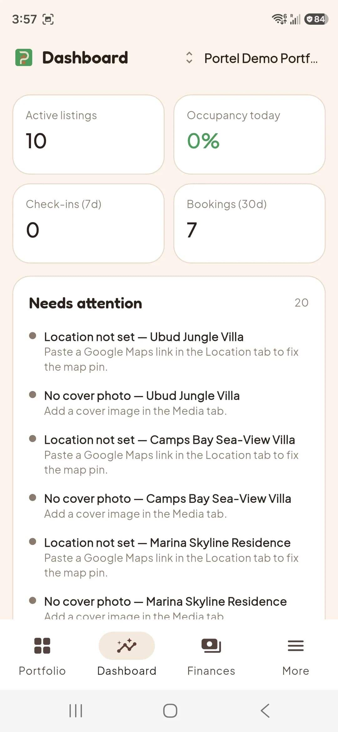 Portel Dashboard — portfolio overview with active listings, occupancy, and bookings