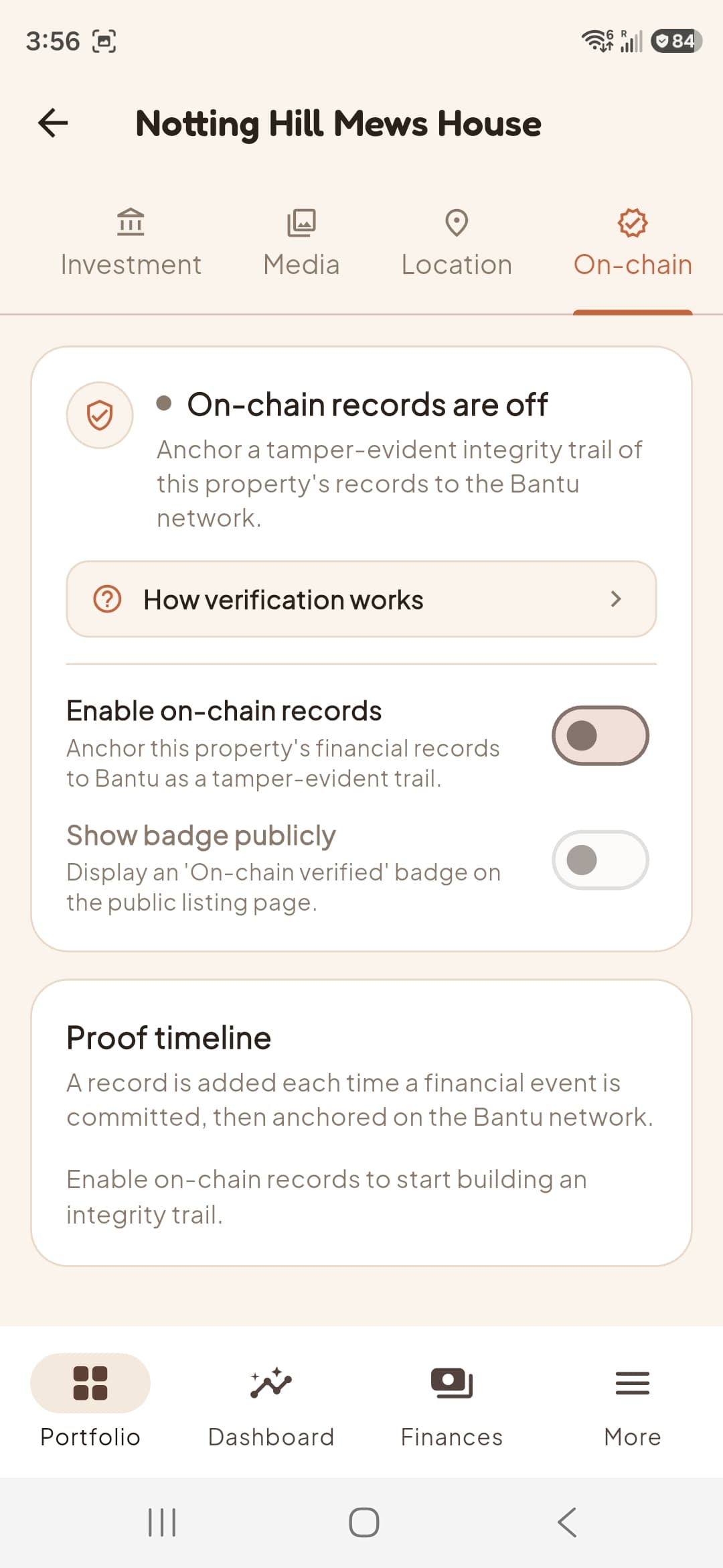 Portel On-chain tab — enable Bantu blockchain verification for a property