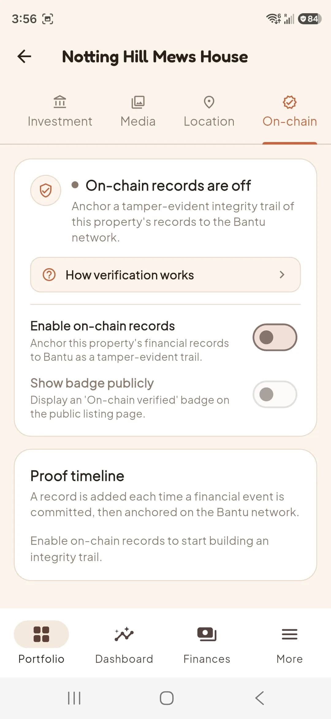 Portel On-chain tab — enable Bantu blockchain verification for a property