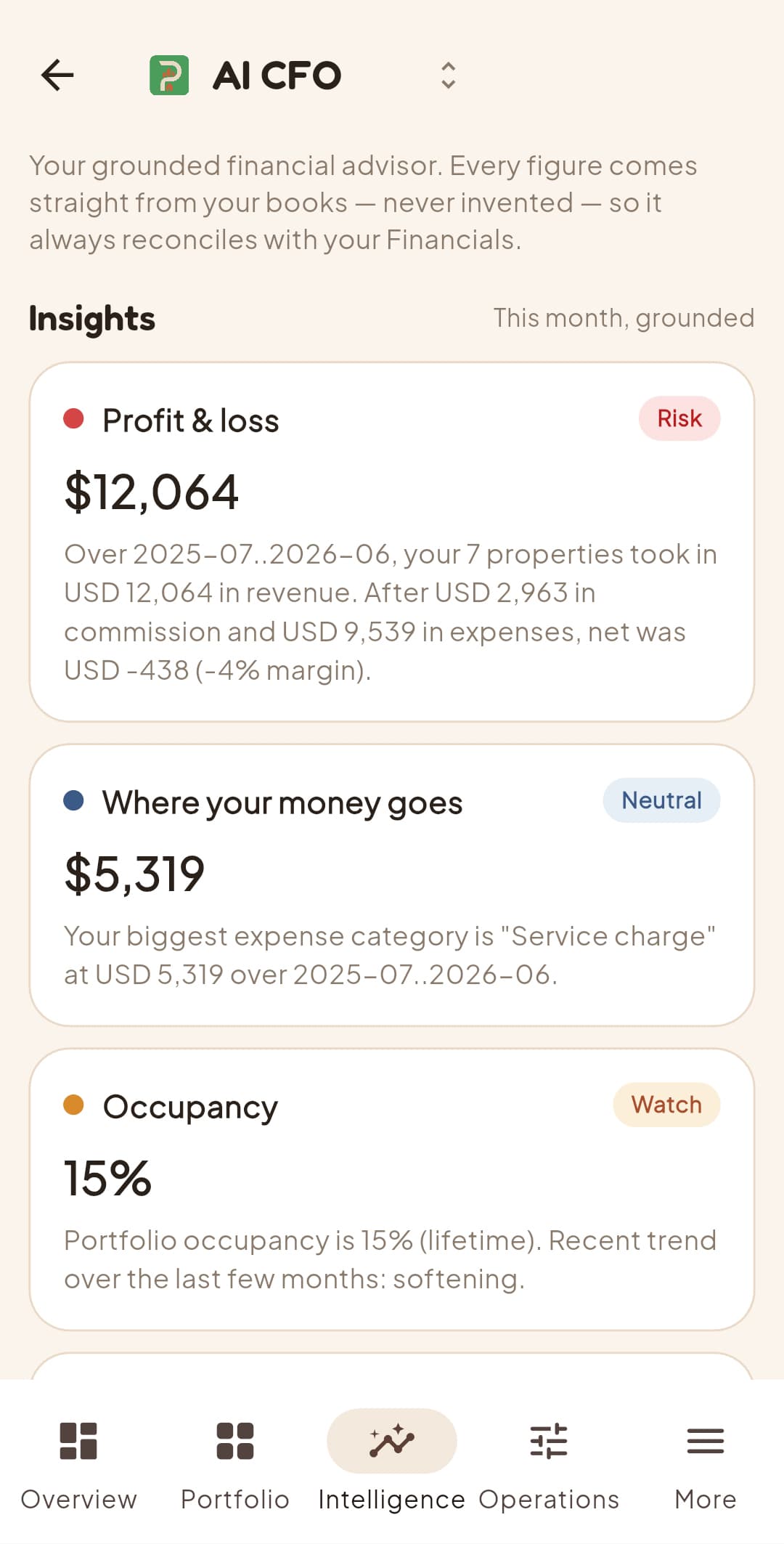 Portel AI CFO — profit & loss, expense breakdown, and occupancy insights