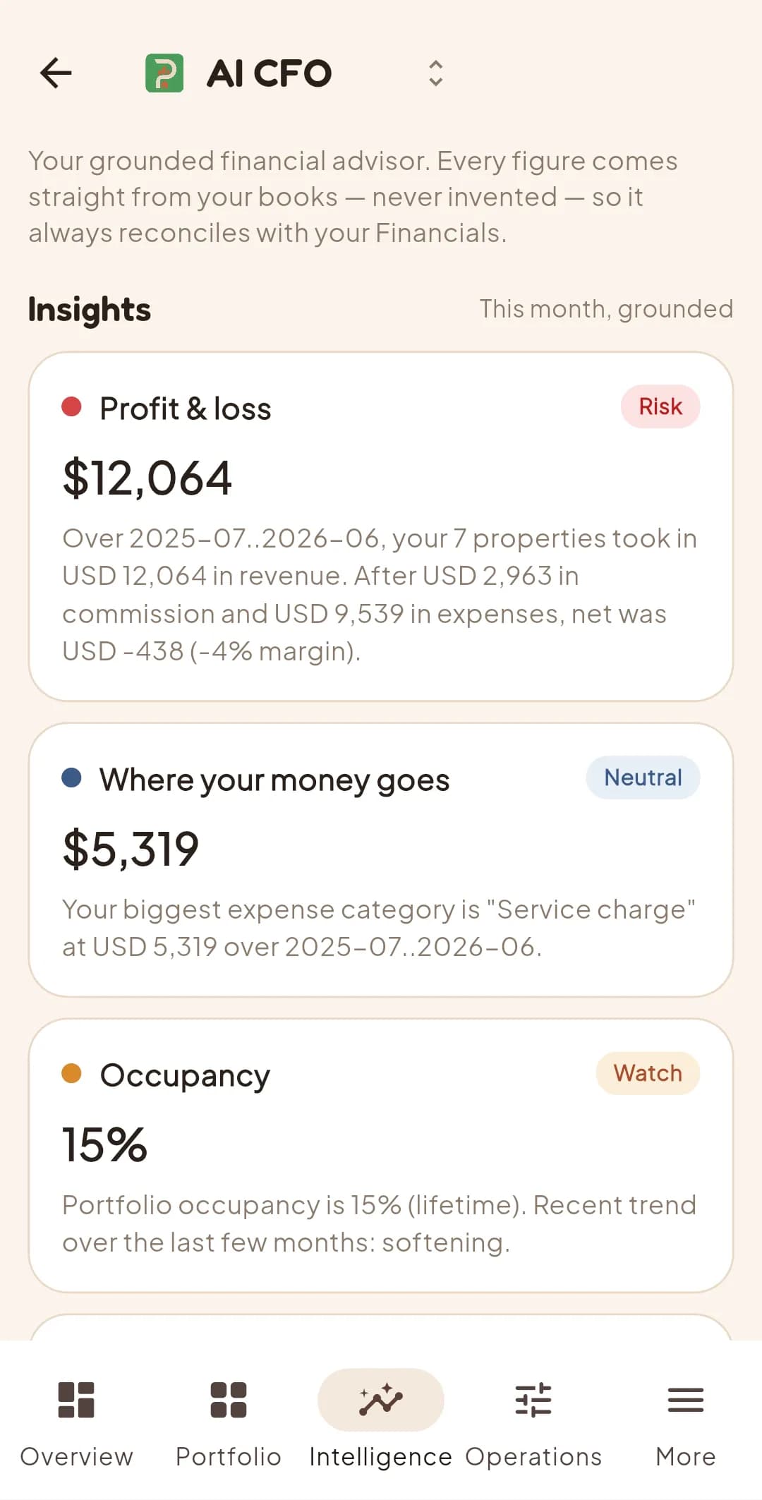 Portel AI CFO — profit & loss, expense breakdown, and occupancy insights