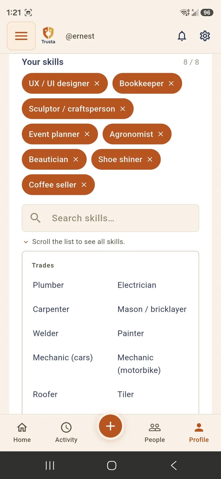 A Trusta profile screen showing a portable list of skills